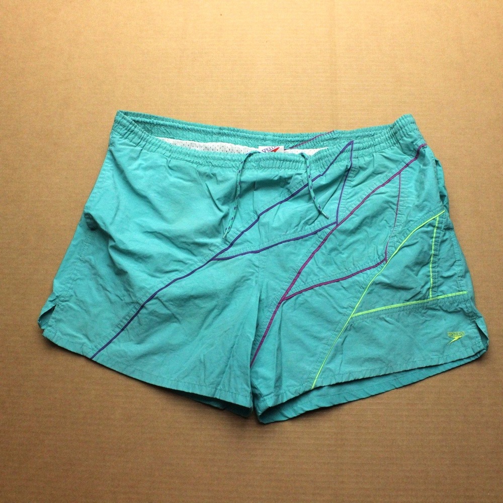 Vintage Speedo Swim Trunks Mens M Teal Colorblock Geometric Nylon Retro 90s